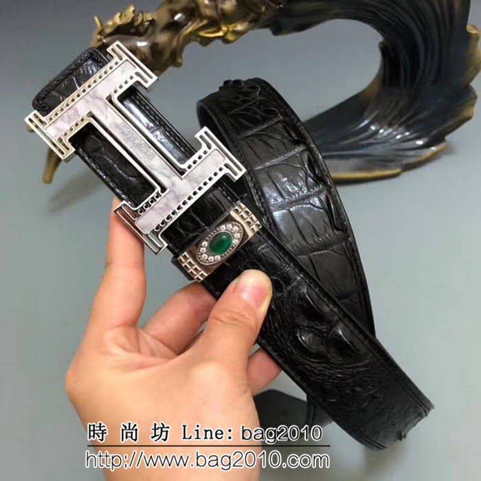 愛馬仕HERMES 純手工美洲鱷魚無拼接 A級完美三頭骨皮 專櫃奢華高端男士皮帶 HHG1819